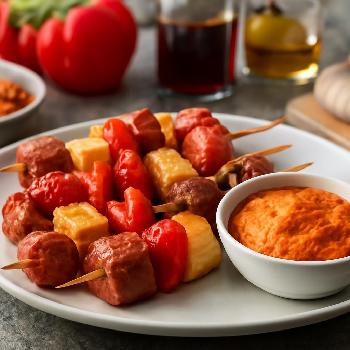 Chorizo and Manchego Skewers with Romesco Sauce