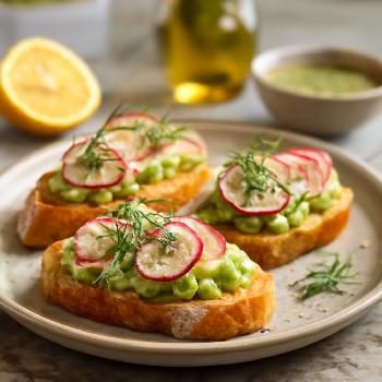 Creamy Avocado and Crisp Radish Crostini with Lemon-Dill Dressing