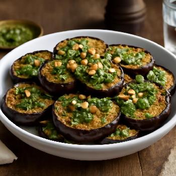 Roasted Eggplant Rounds with Pesto and Pine Nuts