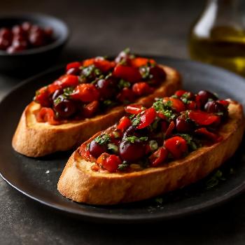 Roasted Red Pepper and Olive Bruschetta