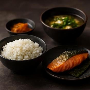 Traditional Japanese Breakfast (Rice, Miso Soup, Grilled Salmon)