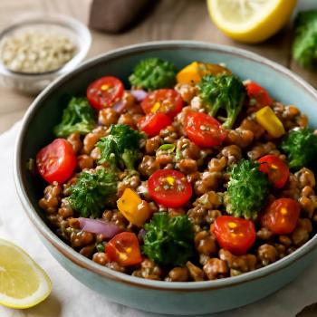 Lentil Pasta with Roasted Vegetables and Hemp Seeds
