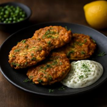Pea and Lentil Fritters with Lemon-Dill Yogurt Sauce