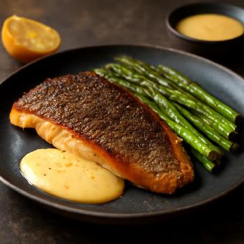Crispy Skin Sea Bass with Roasted Asparagus and Hollandaise Sauce