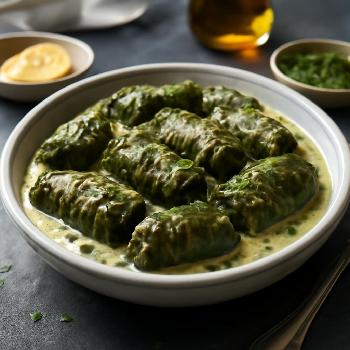 Greek Avgolemono Dolmades (Stuffed Grape Leaves with Lemon Sauce)