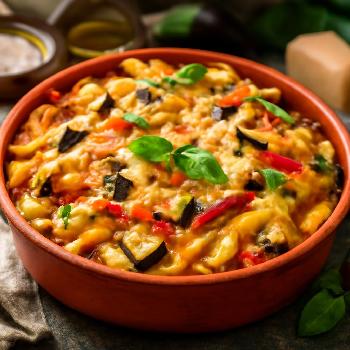 Vegetarian Baked Ziti with Roasted Vegetables and Creamy Bechamel