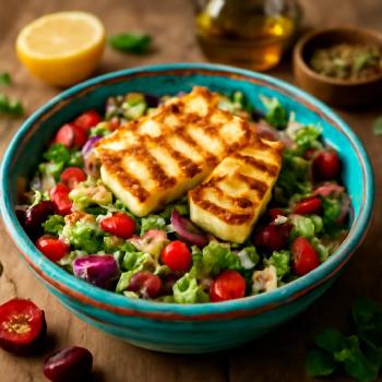 Mediterranean Cauliflower Rice Salad with Grilled Halloumi
