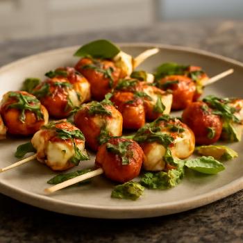 Grilled Halloumi Skewers with Cherry Tomatoes and Basil Pesto